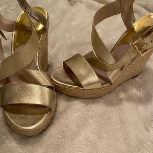 MIchael Kors gold leather and braided wedges sz9